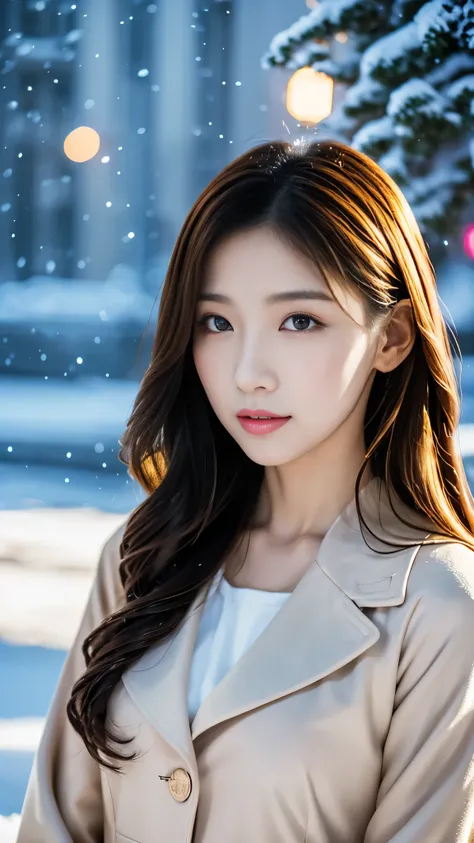 realistic photos odebt (1 cute korean star) shoulder-length hair, light makeup, middle breast size, wearing a coat, in the snow,...