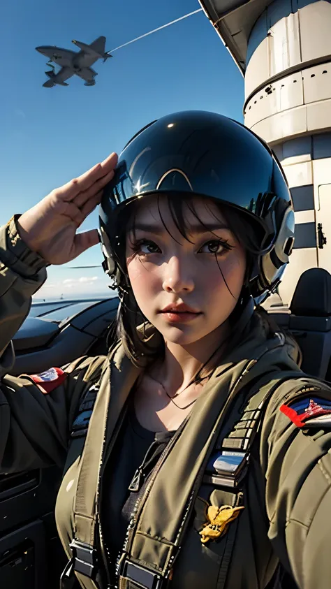 urop、yomama_fighter_jet_pilot_selfie_v2、22 years old、woman、pilotスーツ、salute