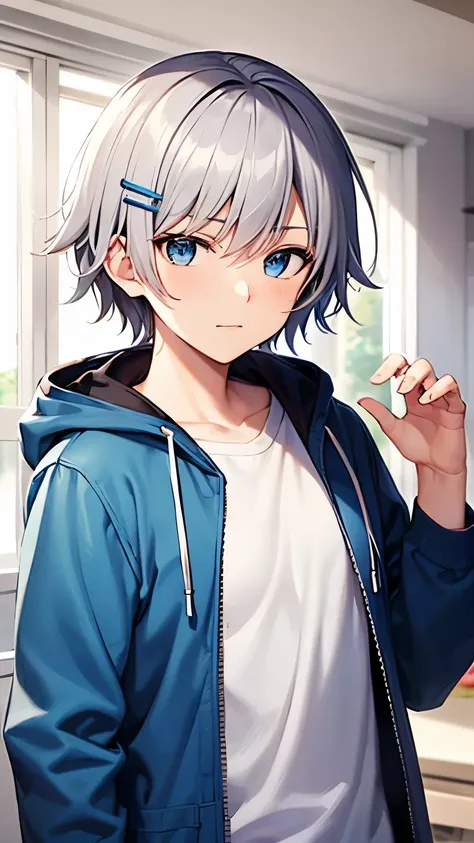 Anime style, 16 years old boy, silver short haired crossed bangs with 2 hairclips on the right bangs. Blue eyes. Using white t-shirt and blue hood jacket