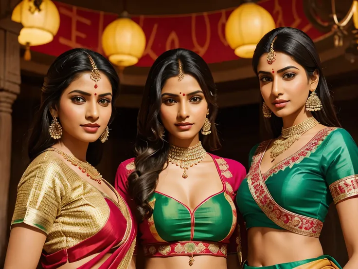 A colorful image featuring four women dressed in traditional Indian attire, specifically lehengas with matching blouses and dupattas in shades of red, yellow, and green. They are adorned with traditional jewelry. Two women in the center are holding large b...