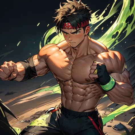 (Masterpiece, Best quality 17 year old boy, black background), solo, Young, boy, muscler, Shirtless, topless, ((((surrounded by swirling green aura)))), (Dark Short straight hair, ((almost completely shaved hair)), under cut, brown eyes), (red headband, ((...