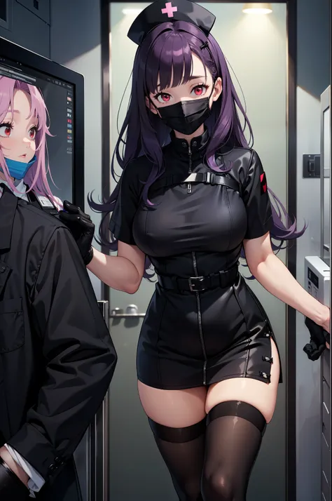 black nurse, 1woman, solo, black nurse cap, black nurse uniform, ((black legwear, zettai ryouiki)), black elbow gloves, long hair, purple hair, red eyes, ((black surgical mask, covered nose)), standing, ((surgery room)), sharp outline, short sleeves, matur...