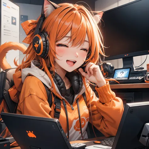 (masterpiece), Highest quality, Ultra-high resolution,Cat with orange ribbon、Orange Hair、Orange eyes、Orange clothes、Close your eyes and laugh、fun、headphone、computer、Gamers Room、Composition