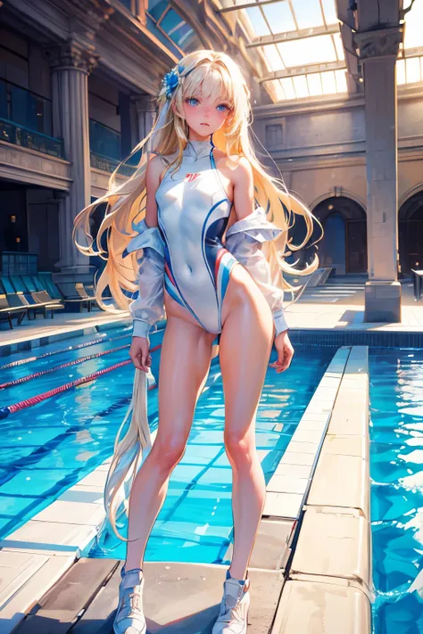 masterpiece,Highest quality,Very detailed,beautiful girl, teenager,Long straight blonde hair,Beautiful and detailed eyes,skinny,Small breasts, full body,Dynamic,White competitive swimsuit,Competition Pool