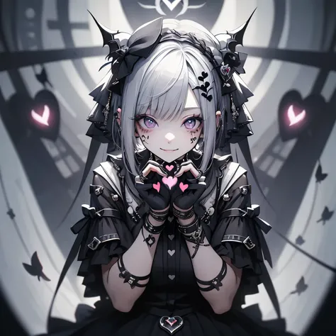 (masterpiece), Highest quality, Ultra-high resolution,Gothic、Silver Hair、Black Hair、Big smile、Bat、Visual Kei、Sick Makeup、beret、strong、cool、fine、(Making a heart with hands:1.3)