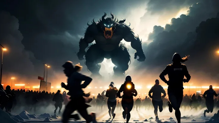 ((best quality)), ((masterpiece)), (detailed), A crowd of silhouette of people running in fear through a snowstorm at night while giant silhouette of ugly monster towering over sky in the background