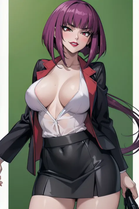 1girl,Oboro, mature female,purple hair, short hair, bangs, eyeshadow, low ponytail, lipstick, makeup, detailed face, red eyes,large breasts, black jacket, white shirt, teacher,suit skirt, cowboy shot,school,smile