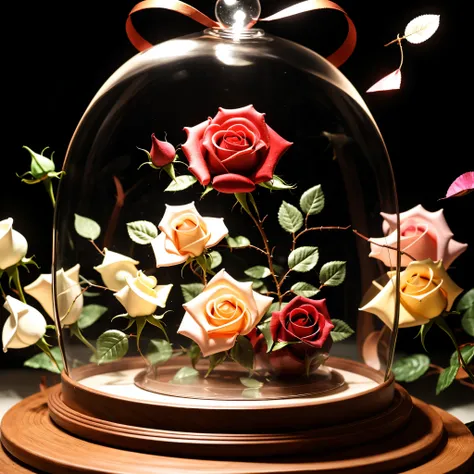 (luminescent glowing rose:1.2) inside exquisite glass cloche, mesmerizing design, craftmanship display, sharp focus, fallen petals,