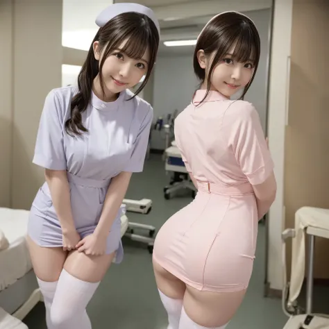 （Nurse Costume、Micro Mini Skirt、Ass、Black Hair、Big Ass、Inside the hospital、Knee-high socks、Panty lines）、Extremely sexy、Glamorous Body、smile、Professional Lighting、Beautiful adult woman、Captivating thighs、Very large breasts、Cowboy Shot、