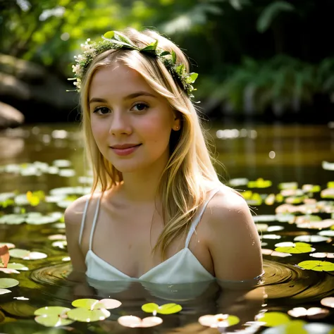 forest lily pond, pretty blonde woman relaxing in water, happy expression, upper body portrait, sheer white cloth, natural, flower crown, eyes contact, scenic, summer, shallow depth of field, vignette, highly detailed, high budget Hollywood film, bokeh, ci...