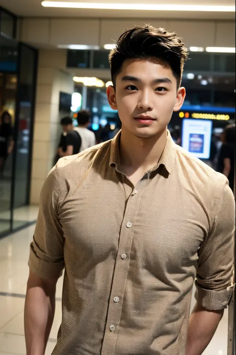 a young asian man with large muscles looks at the camera. in a dark yellow button-up shirt. , shopping mall, normal lighting, si...