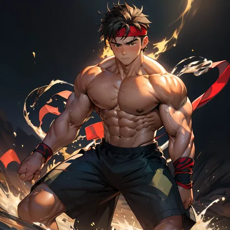 (Masterpiece, Best quality 17 year old boy, black background), solo, Young, boy, muscler, Shirtless, topless, ((((surrounded by swirling holy aura)))), (Dark Short straight hair, ((almost completely shaved hair)), under cut, brown eyes), (red headband, ((b...