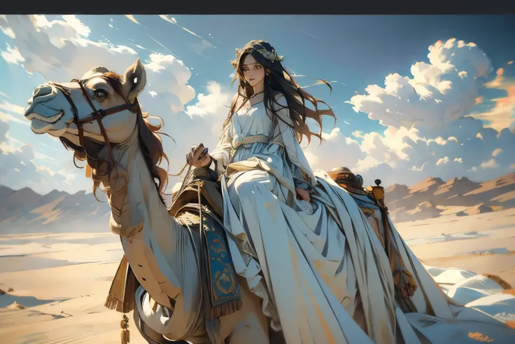 Moonlit Night、(Crescent Moon)、A young princess travelling through the moonlit desert、Beautiful Face、(With camels)、Wearing a loose, thin silk robe、In the middle of a vast desert、Sand dunes stretching to the horizon、Clear night sky、Capturing the essence of d...