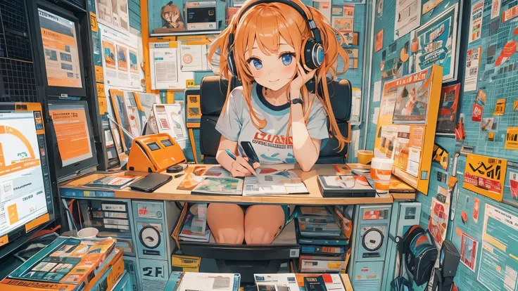 high resolution、One Girl、Wearing headphones、Logo T-shirt and hot pants、In the girl&#39;s room、Studying on a computer、Large monitor、Vibrant colors、Vivid Color、Warm shades、Full body images、Orange long hair、