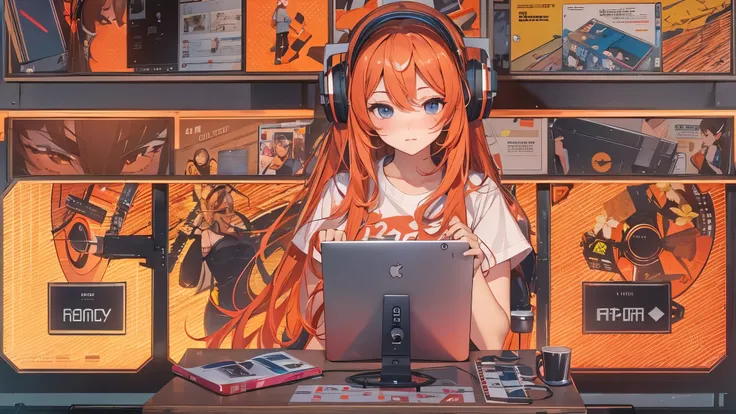 high resolution、One Girl、Wearing headphones、Logo T-shirt and hot pants、In the girl&#39;s room、Studying on a computer、Large monitor、Vibrant colors、Vivid Color、Warm shades、Full body images、Orange long hair、