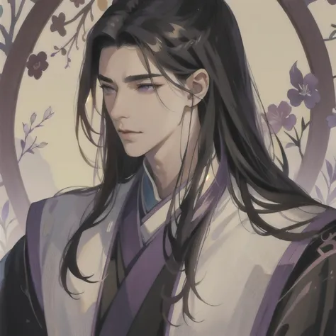 (masterpiece, best quality:1.2), 1male, solo, jiang cheng, mo dao zu shi, mdzs, purple and black clothes, purple eyes, long black hair, perfect anatomy