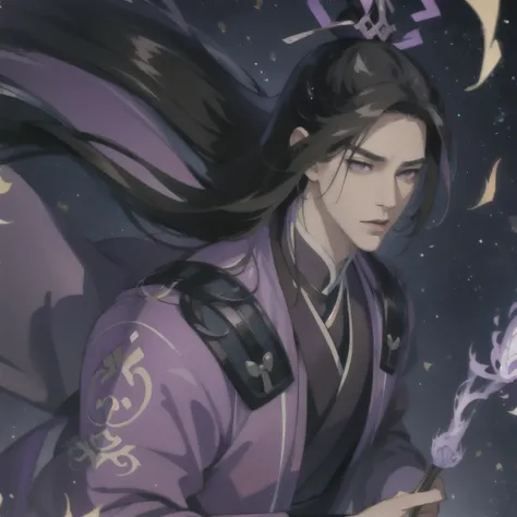 (masterpiece, best quality:1.2), 1male, solo, jiang cheng, mo dao zu shi, mdzs, purple and black clothes, purple eyes, long black hair, perfect anatomy