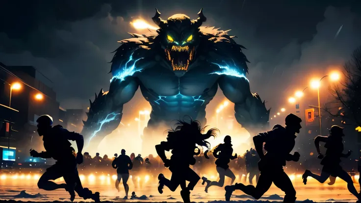 ((best quality)), ((masterpiece)), (detailed), A crowd of silhouette of people running in fear through a snowstorm at night while giant silhouette of ugly monster towering over sky in the background