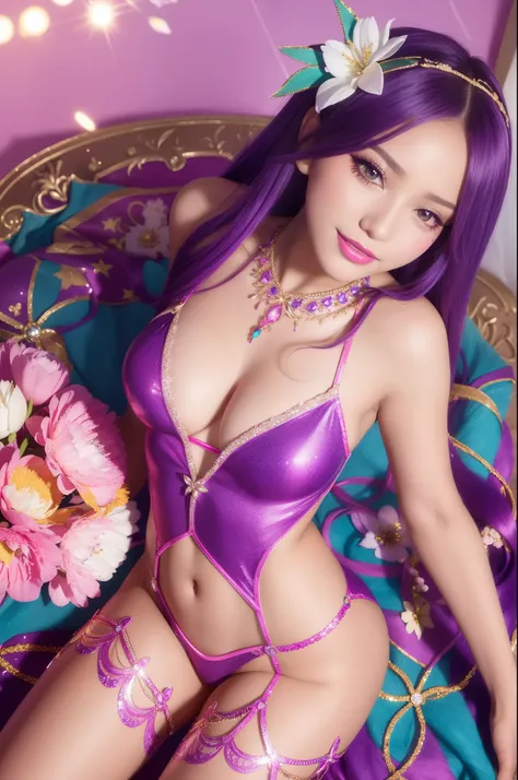 sexy Caribbean model who controls poison、beautiful smile、lip-gloss、long lashes、bold lipstick、colorful metallic makeup、look at the camera、full body Esbian、、sparkling poisoned flower costume、、、、sparkling Colorful hair、secrete poison、skull hair accessories、se...