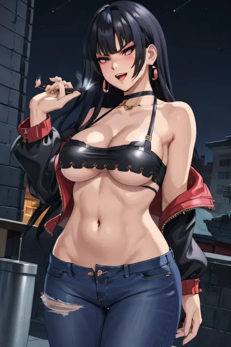 nyotengu, long hair, blush, lipstick, jewelry, earrings, Hot girl, baddie, staring, glaring, bad attitude, mean girl, dare, angry, hate, crazy, smoking, sensual, attractive, blush, lipstick, outdoors, rooftop, cityscape, building, railing, night, night sky...