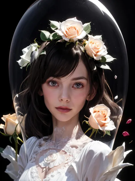 1girl, detailed face, very long thick messy dry black hair, white dress, dark background, beautiful ethereal ghastly, (masterpiece), highest quality, ultra-high resolution, (luminescent glowing rose:1.2) inside exquisite glass cloche, mesmerizing design, c...