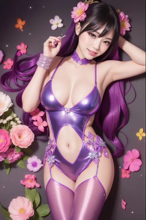 sexy Japanese model who controls poison、beautiful smile、lip-gloss、long lashes、bold lipstick、colorful metallic makeup、look at the camera、full body Esbian、、sparkling poisoned flower costume、、、、sparkling Colorful hair、secrete poison、skull hair accessories、sex...