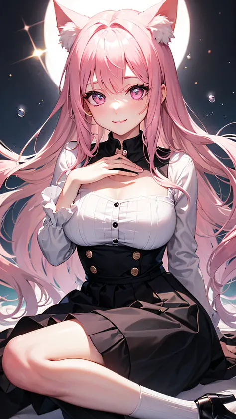 masterpiece,highest quality,Highly detailed face,fine grain,Waterfront,bubble,Sparkling eyes,Highlighted eyes,Center of chest,pretty girl,smile,Cat ear,Beautiful silver hair,Pink inside,Beautiful pink eyes,Oversized shirt、skirt、black tights
