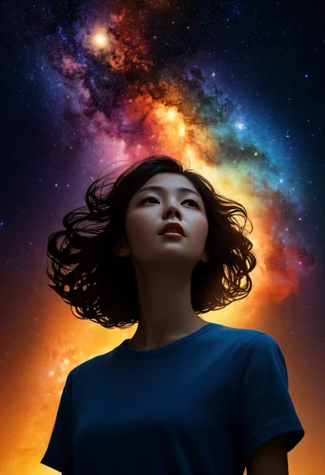 (The girl&#39;s body melts into particles of light:1.4), silhouette、Grains of light stretching across the screen, Colorful particles、Woman body silhouette、Farbe々なFarbeの星の背景、diego gisbert lawrence、Joe San Gonzalez Dan Mumford、Picture book illustrations、Psyc...