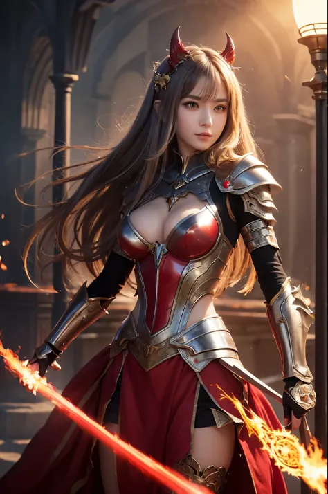 8K、赤いFlame-themed chest armor,A bewitching succubus in gorgeous red armor.,so beautiful(Like the real thing)、A long skirt with a luxurious red flame motif.,An Al-Afed woman poses for a photo with a sword and armour、Beautiful wavy silver hair、Big and ample ...