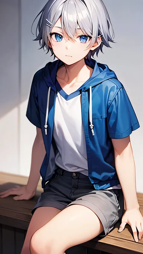 Anime style, cute, 16 years old boy, crossed bangs silver short haired with 2 hairclip on the right bangs. Blue eyes. Using white shirt and blue hood jacket