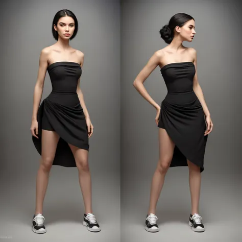 The photo showcases a confident model standing against a light grey studio backdrop. She wears a long, strapless black dress that accentuates her silhouette and contrasts elegantly with her casual black and white sneakers. Her pose is relaxed, with her rig...