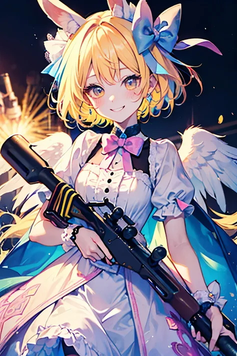 Rabbit motif,((cute,kawaii,wonderland)),((pastel color)),((Cute assortment)),(A blushing smile),Shiny yellow hair,(Rainbow),((Angel:1.2)),((Gun2Head Pose:1.25)),((Gatling Gun:1.3)),