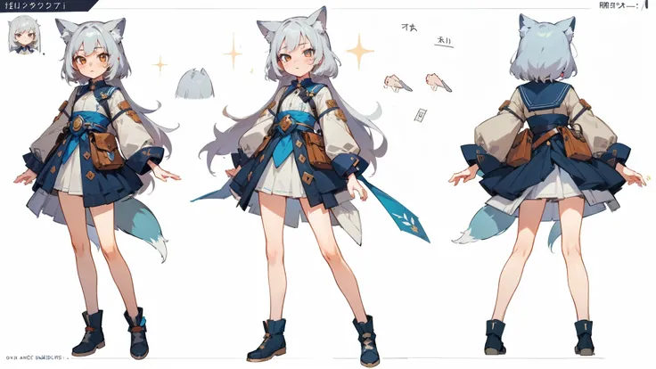 ((masterpiece, Highest quality)), ((tsurime)),Detailed face, Character Sheet, Full Body Lesbian, One girl,show,Full of details, Various poses and expressions, Very detailed, depth, A graceful wild fox girl with mostly silver hair, Sparkling eyes, Delicate ...