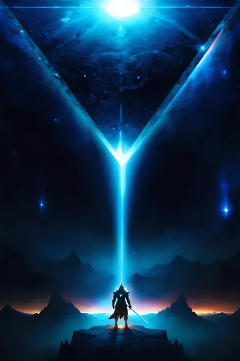 Digital artwork featuring a sci-fi and fantasy theme. The layout is vertical, with a central figure standing on a rocky outcrop, facing a massive, glowing, inverted pyramid in the sky. The figure appears to be a warrior, clad in futuristic armor, holding a...