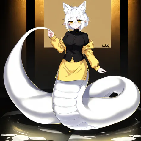 1girl, white hair, fox ears, lamia, (((white scales))), tail, standing, short hair, 4k, 8k, 16k, high-res best quality, masterpiece, wallpaper, full body, seaside, (black shirt), (yellow jacket), (white mini skirt)