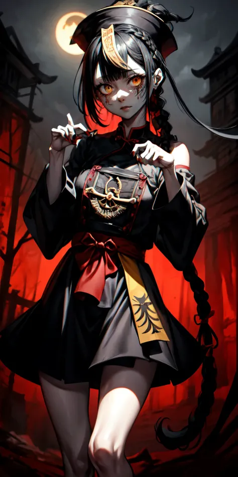 lora:flat:-1.2, masterpiece, best quality, 4k, 8k, 1 woman, solo, tall stature, long hair, blunt bangs, side braid, black hair, ugly face, bad face, bad eyes, droopy eyes, unclear eyes, ruby red eyes, lemon yellow eyes, pale skin, black eyeliner, black eye...
