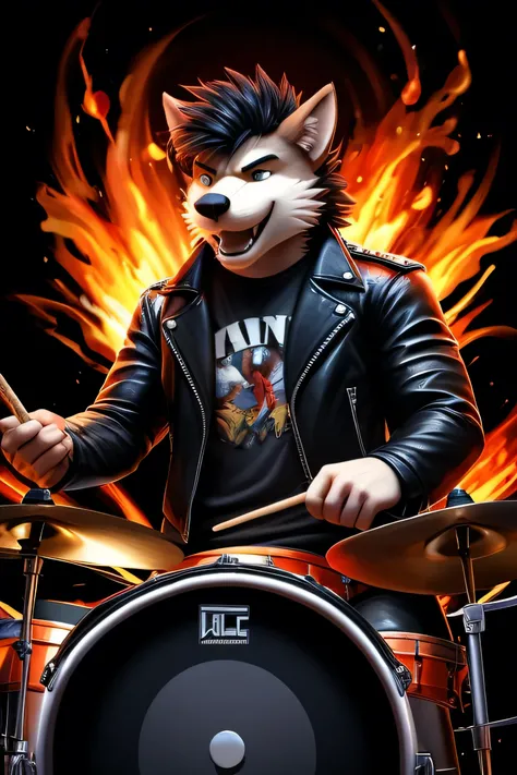 masterpiece, hedggehog playing drums, rock style, wearing black leather jacket black jeans and acdc shirt, playing drums, , fire from drumsticks, very enjoying music he playing,