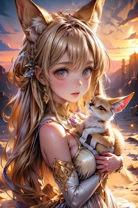 a cute fennec fox girl in the sandy desert, desert princess, all fours, holding a fennec fox:1.5, extremely detailed and realist...