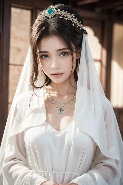 1 beautiful woman，desert princess（（（the eyes are very delicate）））（（（hair accessories）））（（（veil（24））））（（（veil））），necklace，wearing...