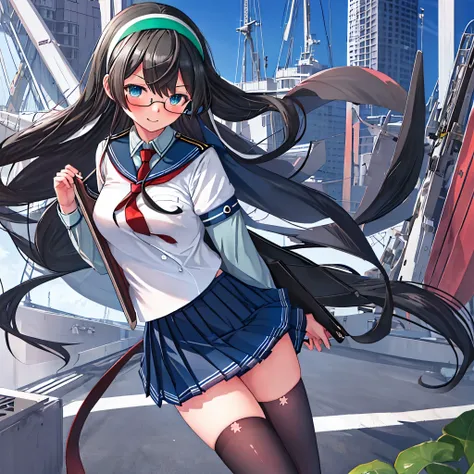best quality, masterpiece, highres, solo, {ooyodo_kantaicollection:1.15}, black_hair, long_hair, glasses, hairband, semi-rimless_eyewear, under-rim_eyewear, blue_eyes, green_eyes, blush,small_breasts, 1girl, school_uniform, serafuku, pleats_skirt, looking_...