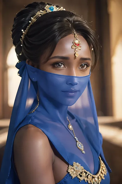 1 beautiful woman，desert princess，aladdin，dark skin（（（the eyes are very delicate）））（（（hair accessories）））（（（veil：24））））（（（veil））...