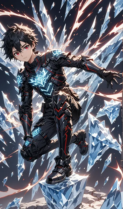 1boy, masterpiece, best quality, very aesthetic, absurdres,newest, anime style, sung jin woo,  solo leveling, black hair, HairDetailer, short hair, (ice neon black tech samurai armor:1.3)), (White kirito jacket:1.3), (glows deep ruby red eyes:1.2), (gradie...