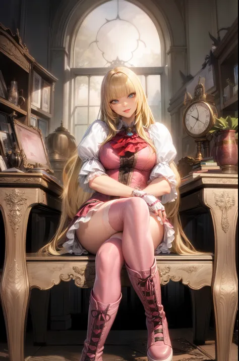 perfect eyes:1.2, detailed eyes:1.4, Emilie T8, blunt bangs, blue eyes, long hair, blonde hair, thighhighs, lace-up boots, pink frilled dress, frilled ascot, fingerless gloves, smile, red eyeshadow:1.2, makeup:1.2, cowboy shot, 1girl, solo, (masterpiece:1....