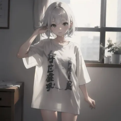 (masterpiece:1.2, best quality), (very detailed:1.3), oversized shirt, 1 girl, solitary, see through silhouette, medium length h...