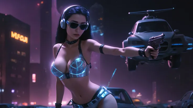 At night, dark sky, distant shot aerial view of fantasy cyberpunk style ice ((Moai-statue)) city, ((flying car)). ((1girl, solo, alone)), medium-breast:1.1 slim body, cleavage, sexy clothes, (headphone, black sunglasses, long black realistic hair), (((hip-...