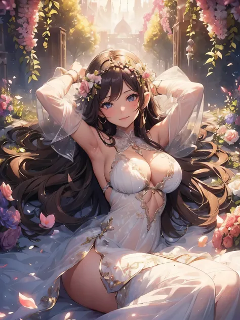 最high quality、1 beautiful woman,elf ((sleep on your back ))、View from the front、Beautiful groin、detailed groin、、Blushing、親しいsmile、Ecstasy、Beautiful thighs、Filled with roses、Lots of roses、Festographic、 Epic fantasy world、flower fractal fine art、Fill the scr...