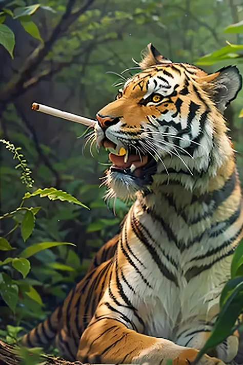 TIGER WITH CIGARETTE IN MOUTH