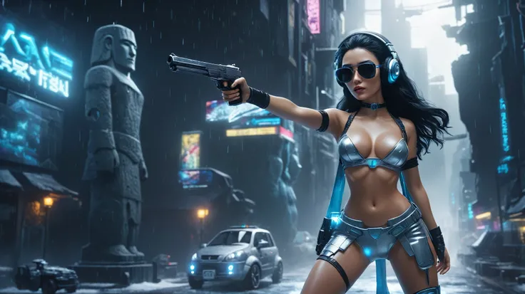 At night, dark sky, distant shot aerial view of fantasy cyberpunk style ice ((Moai-statue)) city, ((flying car)). ((1girl, solo, alone)), medium-breast:1.1 slim body, cleavage, sexy clothes, (headphone, black sunglasses, long black realistic hair), (((hip-...