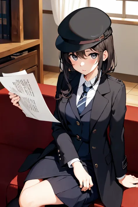 ((detective girl)), mature, anime, masterpiece, best quality, black trench coat, fedora, suit:, dresss shoes, tie, deerstalker hat, sitting on sofa, (cross-legged:1.2), office background, upper view, finger nails, quintessential , papers, Fixhand