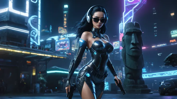 At night, dark sky, distant shot aerial view of fantasy cyberpunk style ice ((Moai-statue)) city, ((flying car)). ((1girl, solo, alone)), medium-breast:1.1 slim body, cleavage, sexy clothes, (headphone, black sunglasses, long black realistic hair), (((hip-...